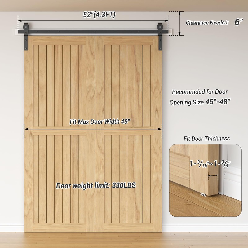 52" Bi-Folding Sliding Barn Door Hardware Kit,4.3FT Heavy Duty Track