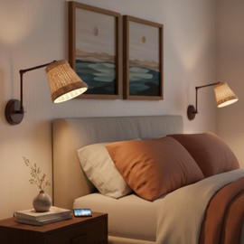 Laite Lumens 7" Swing Arm Wall Lamp, Hand Woven Rattan Wall Sconce, Hardwired Wall Mounted Light Fixture for Bedroom Living Room Bedside (Painted Bronze)