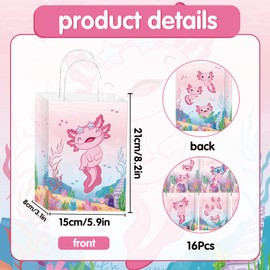 Wxiben Axolotl Party Favor Bags - 16 Pcs Pink Axolotl Gift Bags, Cute Animal Goodie Candy Wrapping Paper Bag with Handles, Salamander Themed Birthday Party Decorations Supplies for Girls