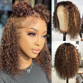 13x4 Highlight Ombre Deep Wave Lace Front Wigs Human Hair Pre Plucked 10 Inch 4/27 Glueless Short Curly Bob Wigs for Women Human Hair with Baby Hair 150% Density Brazilian Deep Wave Human Hair Wigs Perruque Femme Humain Naturel
