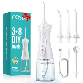 COSLUS C30 Irrigador Bucal Portátil para Los Dientes: 4 Modos Irrigador Dental para Brackets y Encías Sensibles, 4 Boquillas & 300ml Irrigador Oral Inalámbrico, Water Flosser para Viajes, Hogar Blanco