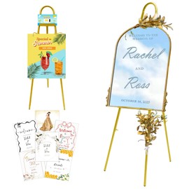 Gold Easel Stand for Signs, 42"–57" Height Adjustable, Lockable at Any Height – 4 Hooks, 3 Display Modes, Easel with Design Templates – Ideal for Wedding Welcome Sign, Parties, Art & Retail Display