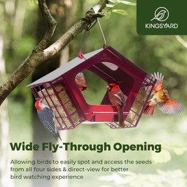 Kingsyard Metal Bird Feeders for Outdoor Hanging, 2 in 1 Mixed Seeds Feeder with Double Suet Cages,Weatherproof Metal Roof & Perch, Great for Finch Cardinal Chickadee, Easy to Clean & Refill, Red