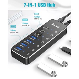 Powered USB Hub, ikuai 7-Port USB 3.2 / USB C Hub, with 3 10Gbps Data Ports (2 USB-C + 1 USB-A) and 4 USB A 3.0 Ports for PC Laptops