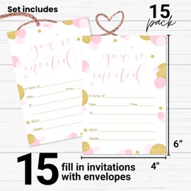 Pink and Gold Invitations with Envelopes (15 Pack) - Personalized Invites for Girls’ Baby Showers, Graduations, Birthdays, Retirements, and Luncheons - Abstract Dot Theme - 4x6 Card Set
