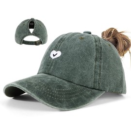 NOEMIN Women Baseball Cap with Ponytail - Adjustable Soft Cotton High Ponytail Hat Distressed Heart Embroidery Hat, Green, Unit size