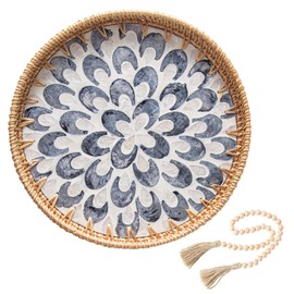 Round Rattan Tray Home Decor with Wood Bead Garland, 12'' Wicker Serving Tray with Mother of Pearl Inlay, Boho Decorative Tray for Coffee Table, Bathroom, Ottoman, Kitchen Table (Coastal Blue)