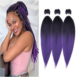 Purple Braiding Hair Pre Stretched 14 inch 3 Packs Kids Braiding Hair Soft Yaki Texture,No Itch, Hot Water Setting Synthetic Hair Extensions for Braids (14in,1B/Purple)