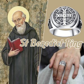Men's Ring 925 Sterling Silver Saint Benedict Ring Signet Ring Vintage Religious Cross Ring for Men Women Finger Ring Patron Saint Jewellery with Gift Box, Sterling Silver, No Gemstone