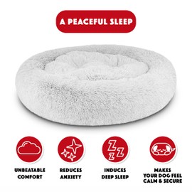 The Dog’s Bed Sound Sleep Donut Dog Bed, Ice White XL Fur Calming Nest Bed Removable Cover