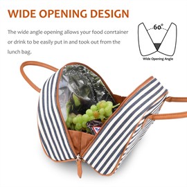 Tirrinia Insulated Lunch Bag w/Leather Handle, Reusable Tote Bag for Women & Men, Fashionable Cooler Lunch Bag for Working/Picnic - Gray Stripe