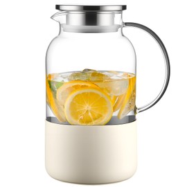 PARACITY Water Pitcher with Silicone Base 61oz/ 1.8L, Hot& Cold Glass Pitcher with Lid and Handle, Glass Carafe with Lid for Coffee, Juice, Lemonade and Milk (White)