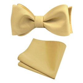 Gusleson Mens Gold Self Tied Bow Tie Satin Silk Light Yellow Retro Bow tie Handkerchief Set for Wedding (UK0685-07)