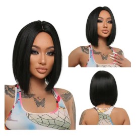 Peluca Corta De Pelo Negro Natural Liso Medio Para Mujer