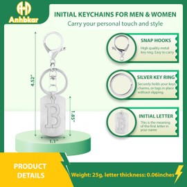 ANHBKAR A-Z Silver Stainless Steel Letter Keychain - Alphabet Initial Key Ring for Men Women, Purse or Car Charm (B Silver 03)