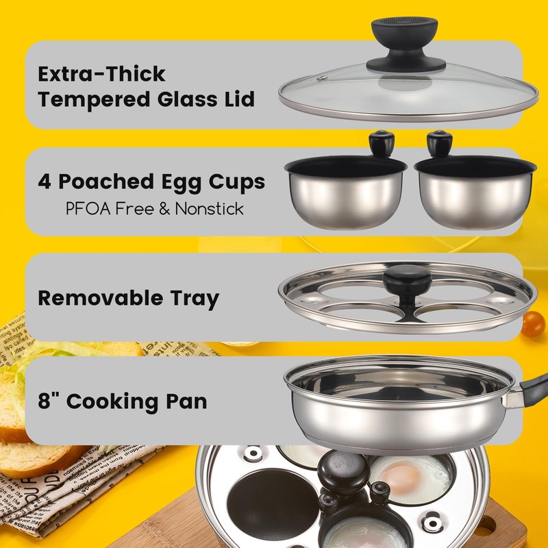 MARSKITOP Egg Poacher Pan Nonstick 4 Eggs, Poached Egg Pan