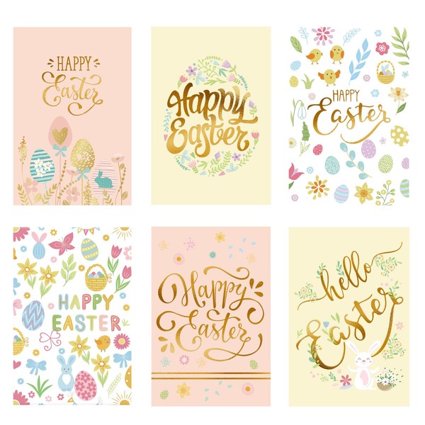 Whaline 36 Pack Happy Easter Cards Kit with Envelope Gold Foil Colorful Greeting Cards in 6 Designs Easter Eggs Note Card for Classroom Exchange Easter Party Supplies, 4'' x 6''