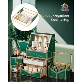 Youdepot Extra Large Makeup Organizer, Glass Cosmetic Storage with Drawers, Stackable Makeup and Jewelry Organizer for Vanity Table, Bathroom Countertop, Skincare, Lipsticks, Perfume, Brushes