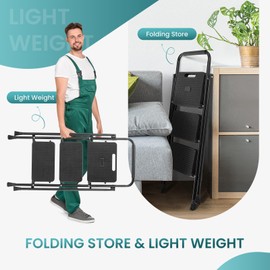 SMUG Step Ladder, 3 Step Stool Foldable with Anti-Slip Pedal & Comfortable Handrail, 800lbs Capacity Sturdy Steel Ladder, Protable Heavy Duty Step Stool for Kitchen, Garage & Outdoor Use, Black