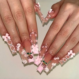 Square Press on Nails Long Fake Nails with Bow Flower Cherry Rhinestone Line Designs Pink French Nails Press ons Glossy Glue on Nails Nude Translucent Stick on Nails for Women 24 Pcs