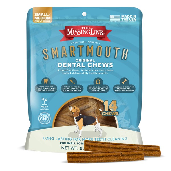 The Missing Link Smartmouth Dental Chews, Vet Developed Complete Dental Care + Daily Vitamins & Omegas – Supports Healthy Teeth & Gums, Breath, Skin, Joints, Digestion, Heart, Immune System