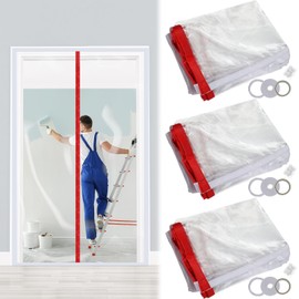 Preboun 3 Sets Dust Barrier Magnetic Dust Barrier Door Kit 4' x 7.5' Self Closing Construction Dust Barrier Construction Plastic Sheeting Plastic Door Curtain for Doorways Room(Red)