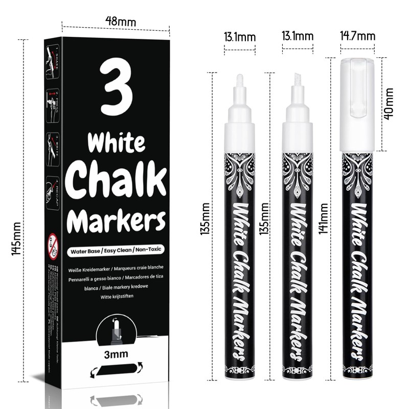AOSUCO White Chalk Pens, 3mm Washable Liquid Chalk Markers with