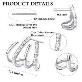 Jstyle 925 Sterling Silver Claw Earrings Cubic Zirconia 14K Silver Plated Cuff Earrings Triple Huggie Illusion Stud Earrings Hypoallergenic Wrap Ear Cuffs Earrings for Women Trendy