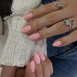 KQueenest Baby Pink Press on Nails Short Oval, Acrylic Fake Nails Press on Short Almond, Solid Color Glue on Nails for Women, Natural Fit Stick on Nail for Summer Daily Wear with UV Cover in 24 Pcs