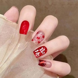 Christmas Stick on Nails - 24PCS Red False Nails - Christmas Style Fake Nails with Letter & Paillette Pattern - Glossy Full Cover False Nails with Glue Nail Art Gifts for Women