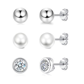 Josfeva 3 Pairs 925 Sterling Silver Earrings Stud Set, Silver Stud Earrings for Women, 4mm Round Ball/Pearl Stud Earrings/Stud Earrings with Zirconia, Hypoallergenic Sleeping Silver Cartilage Earrings