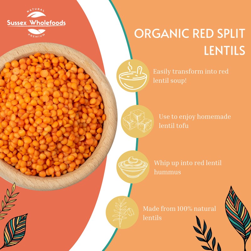 Sussex Wholefoods: Organic Red Split Lentils 500g - Protein-Packed, Quick-Cooking