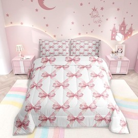 Pink Bowknot Comforter Set,Dreamy Princess Style Kids Girls Bedding Set Kids Teens Modern Decor,Watercolor Bow Geometric Grids White Comforter with 1 Pillowcase for All Seasons,Twin