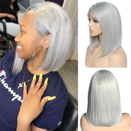 Grey Human Hair Lace Bob Wigs 13x4 HD Transprent Lace Front Pre Plucked With Baby Hair Straight Middle Part 10inch Gray Short Cut Bob Wig Bleached Knots 180% Density for Women(Could be Restyled)
