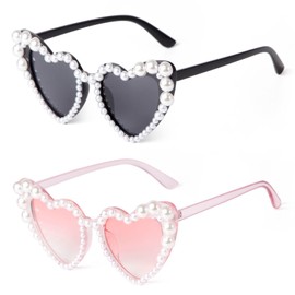 Laurinny Pearl Heart Sunglasses for Women Trendy Pearl Sunglasses Cat Eye Love Shaped Sunglasses Vintage Lovely Retro Cute Sun Glasses