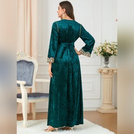 IDOPIP Velvet Abayas Dress for Women Winter Fall Long Sleeve V-Neck Embroidered Moroccan Split Maxi Kaftan Velour Dubai Robe Eid Arabic Turkey Abaya Evening Gown Islamic Clothing Dark Green L