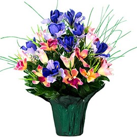 Sympathy Silks Ruby's Silk Flowers Artificial Flowers - Weighted Pot Bouquet Decoration - Height 18"-20" - Pink Purple Tulips and Purple Iris Potted Flowers