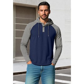 KUYIGO Mens Long Sleeve Hoodies Casual Athletic Workout Color Block Pullover Hooded Sweatshirt with Drawstring,Navy/LightGray,L