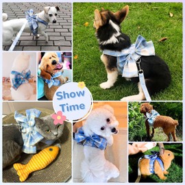 UETZLTB Cute Dog Harness and Leash Set with Bow Tie Soft Mesh Plaid Girl Puppy Harness No Pull Pet Cat Dog Vest Harness for Small Dogs Chihuahua Rabbit Outfit (Blue,L)