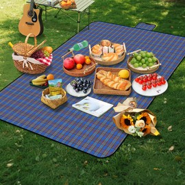 Alaoo Picnic Blanket,Extra Large Waterproof Picnic Mat with Carrying Handle Foldable and Portable 150CM X 200CM,Camping Blankets for Camping, Park, Garden, Beach, Outdoor,Blue Stripes