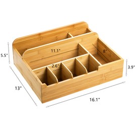Frcctre Bamboo Utensil Caddy Organizer for Countertop, 8 Compartment Paper Plate Holder, Adjustable Utensil Holder Silverware Organizer Cutlery Organizer Box for Plate, Cup, Fork, Spoon, Napkin