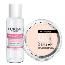 Maybelline New York Superstay 24h Hybrid Foundation Mattierendes Puder Waterproof Farbe 03 Matte + Micellar Wasser Sanft Reiniger Gesicht Augen Lippen Reiseformat 30ml