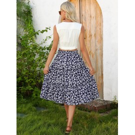 Berydress Tiered Midi Skirts with Pockets for Women Beach Skirt High Waisted Aline Casual Boho Summer Flowy Ruffle Midi Skirt(XL,6280-Navy Floral)