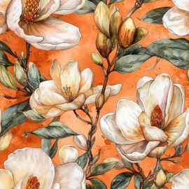 MuralPeel Vintage White Magnolia Floral Sunset Orange Boho Peel and Stick Wallpaper Self Adhesive Removable Easy Peel Off Contact Paper Stick on Wall Paper for Bedroom Cabinet Renter Friendly
