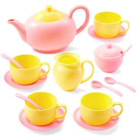JOYIN 18PCS Pretend Play Tea Party Set, Pink Plastic Tea Set, Mini Kitchen for Kids, Gifts for Toddler Boys Girls Ages 3 4 5 6 Years Old