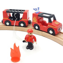 Wooden Train Cars Track Accessories Set Rescue Fire Truck Small Vehicles Magnetic Train Cars Fit for Wooden Train Track Railway for Boys and Girls (Fire Truck(with Light and Sound))