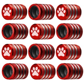 Tire Valve Stem Cap Cover - (12 Pack) Tire Air Caps Metal with Plastic Liner Corrosion Resistant Leak-Proof Cat/Dog Paw for Car Truck Motorcycle Bike Red