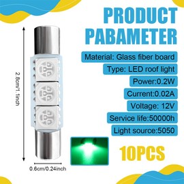 QZTYTY 10PCS T6 5050 Car LED Sun Visor Lights, Festoon LED Bulb, Car 28mm LED Reading Light, Car Interior Sun Visor Vanity Mirror Dome Light Lamp Universal for Most Vehicles (Green)