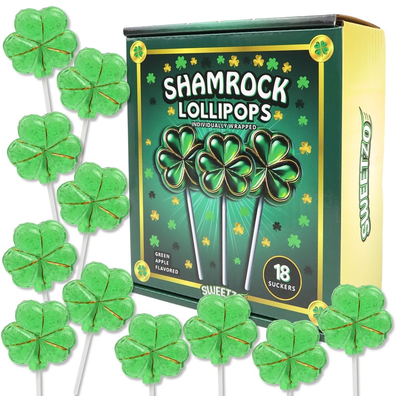 Saint Patrick's Day Candy, Shamrock Lollipops, Individually Wrapped Green Clover