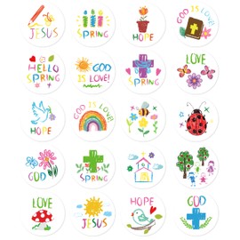 Haooryx 600pcs Spring Theme Christian Religious Sticker Sheets Crayon Drawing Style Cartoon Religious Sticker for Kids Cute Hope Faith God Is Love Hello Spring Sticker Sunday School VBS Supplies